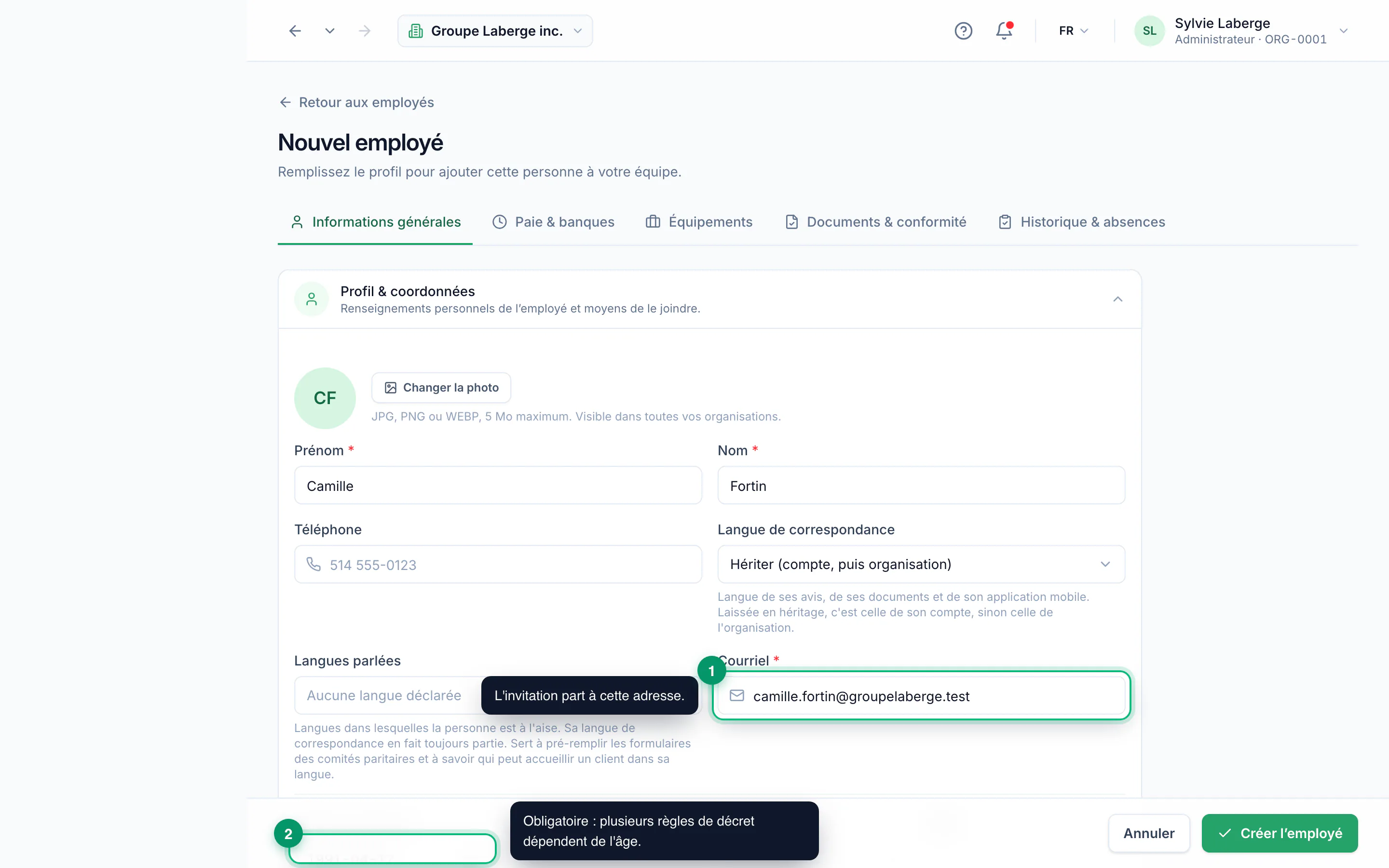 Ajouter un employé · étape 2 : Renseigner l'identité