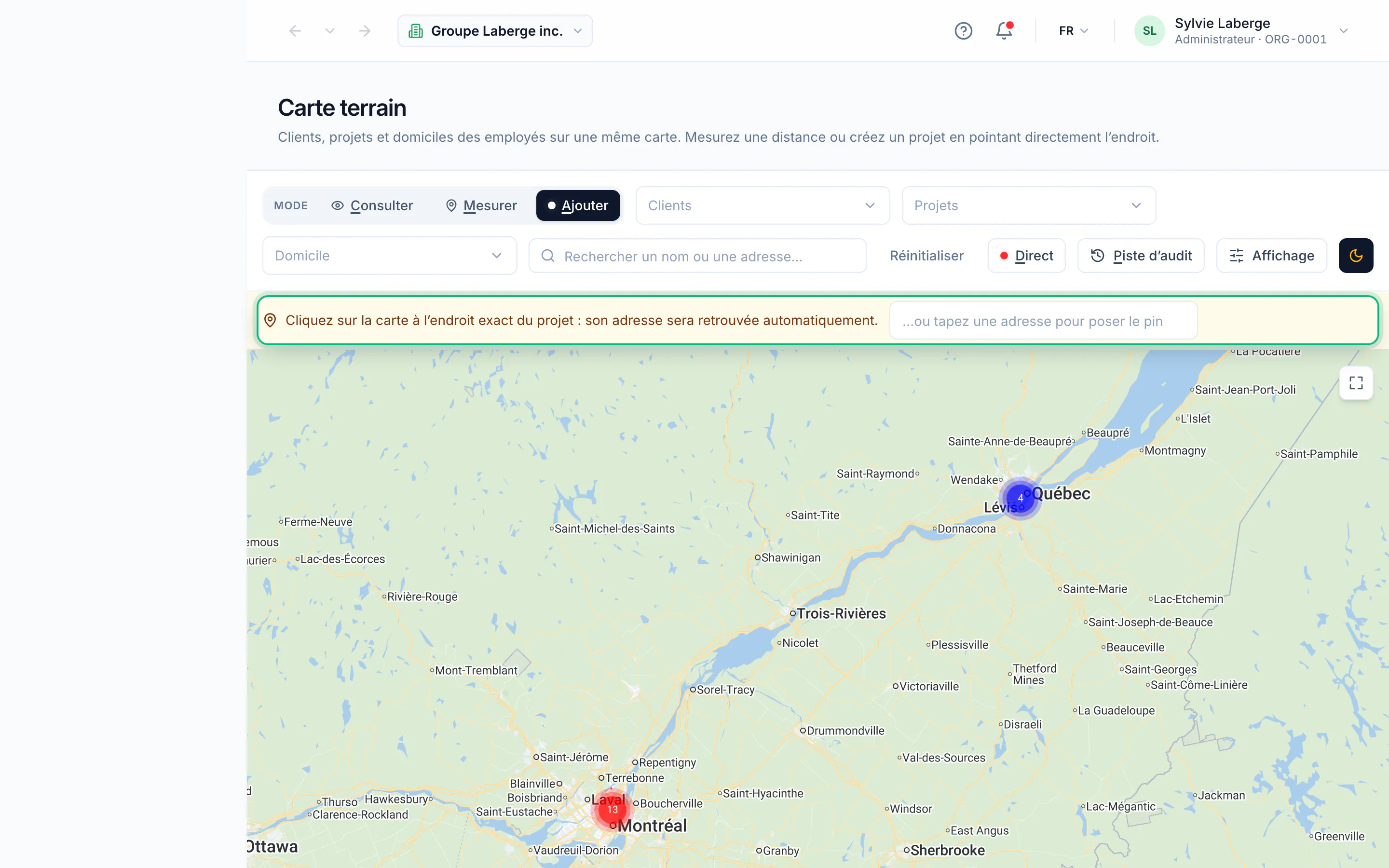 El mapa de terreno · Añadir un proyecto señalando