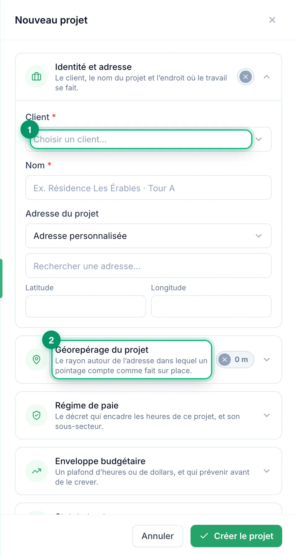 Clients et projets · Identité, adresse et géorepérage