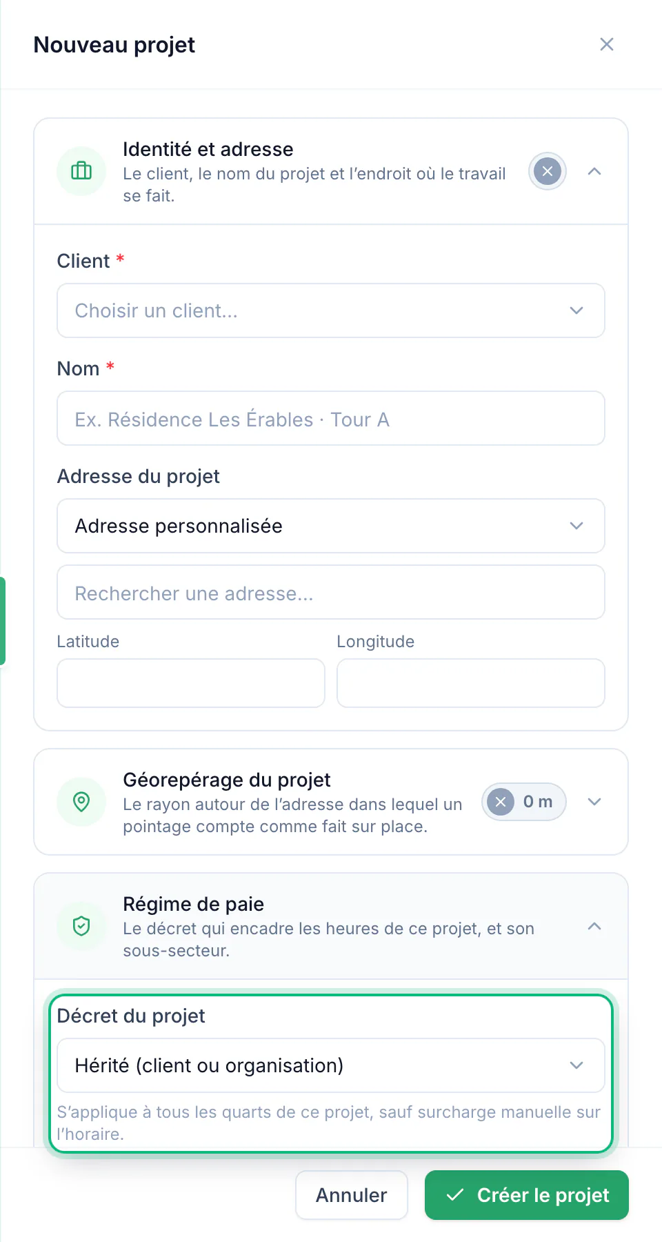 Clients et projets · Le régime de paie du projet