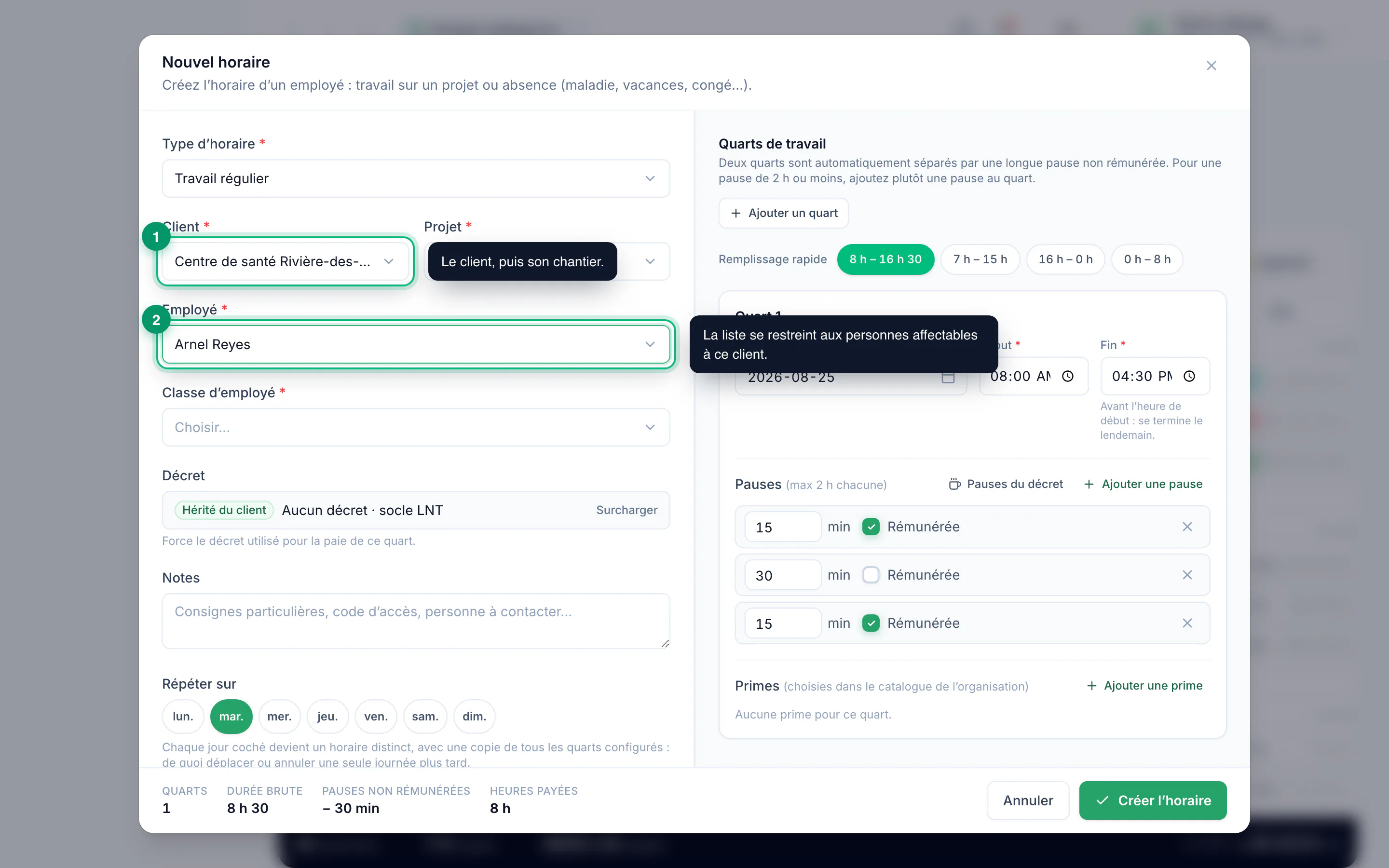 Building an employee's schedule · étape 2 : Who works, and where
