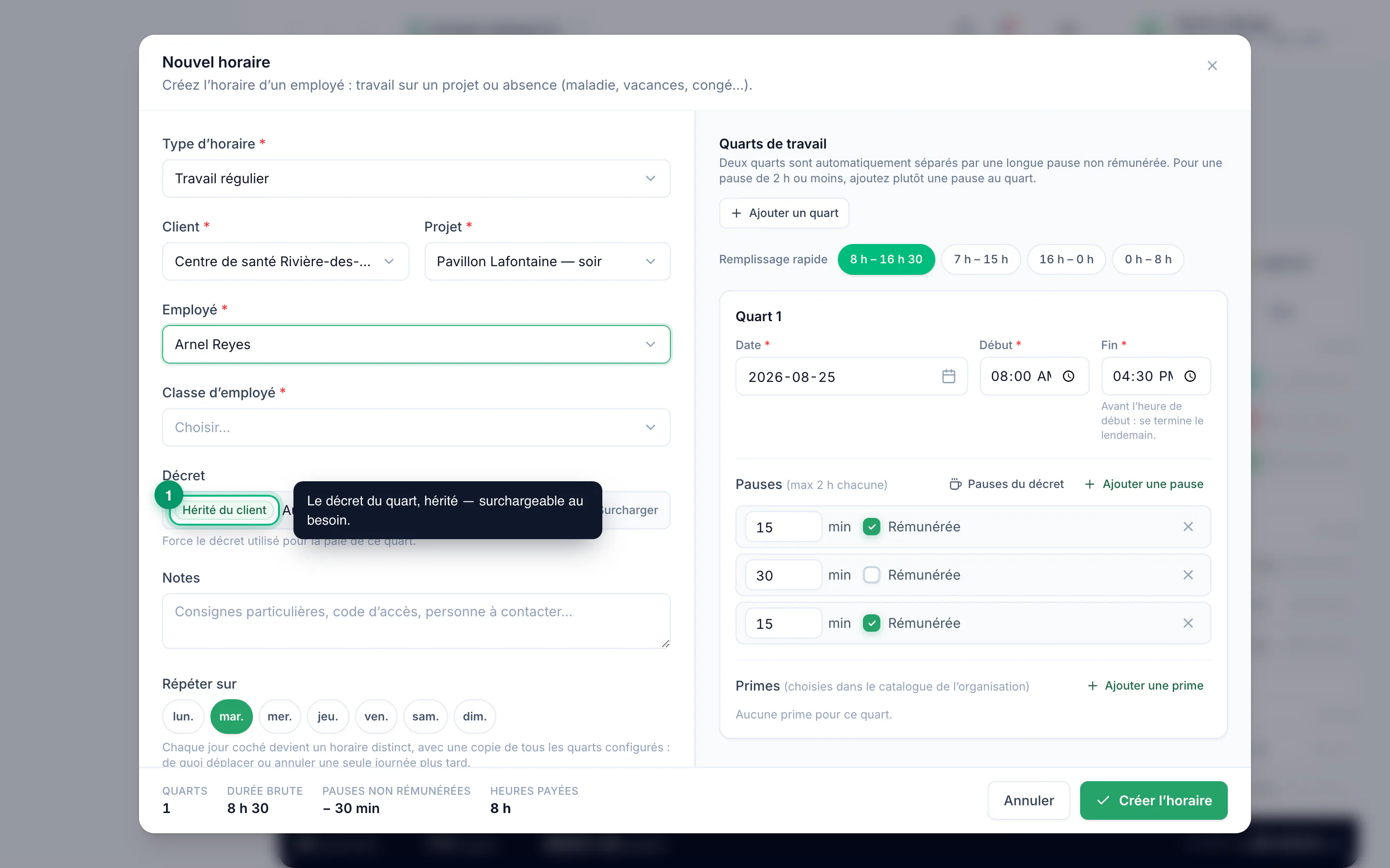 Building an employee's schedule · étape 3 : Check the shift's decree