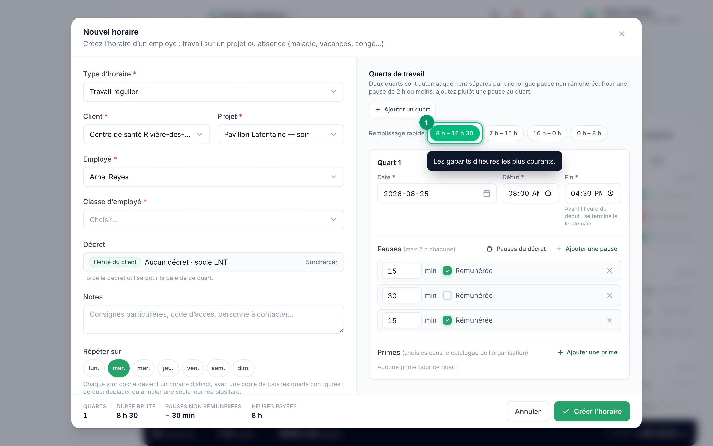 Building an employee's schedule · étape 4 : Place the hours