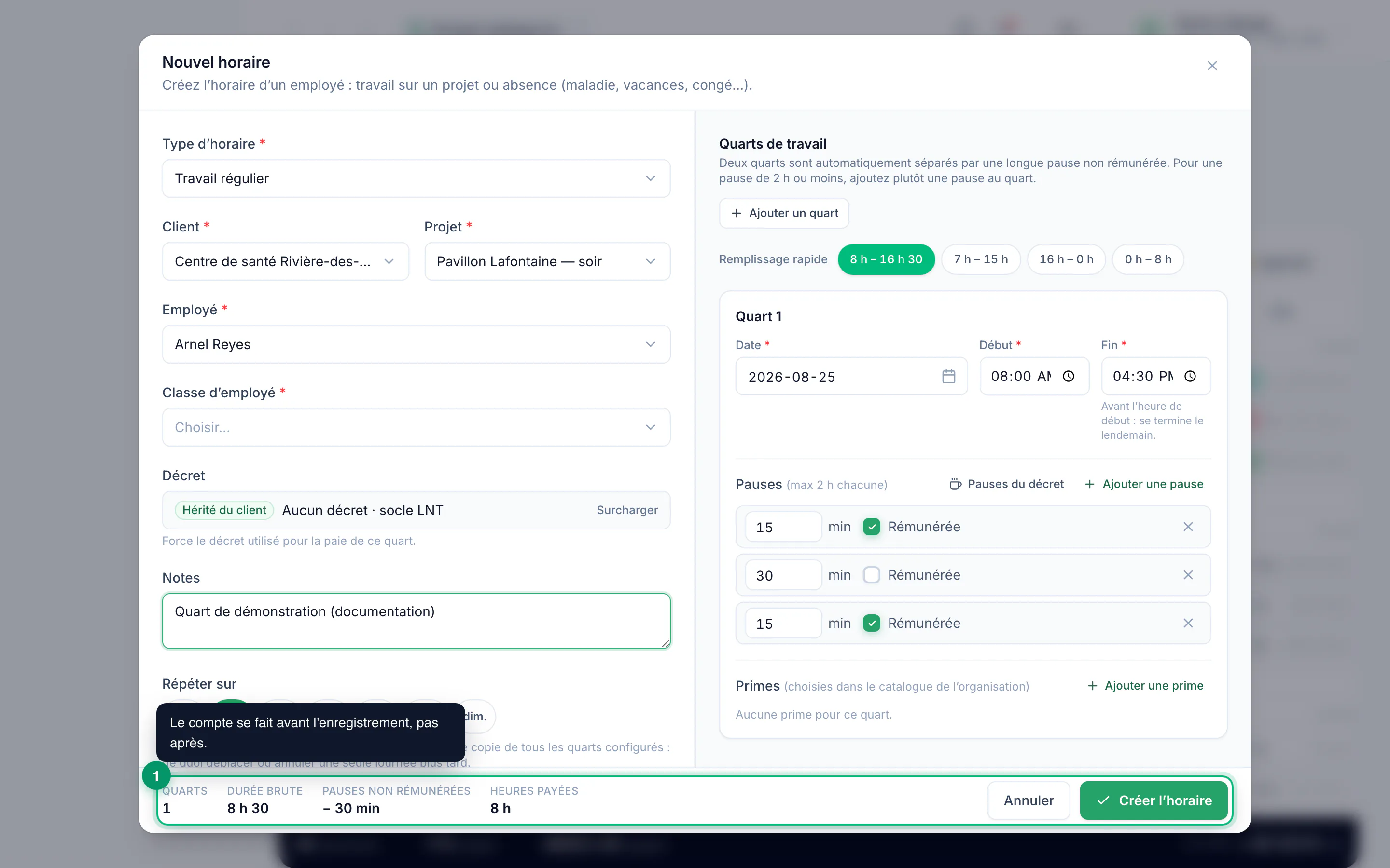 Building an employee's schedule · étape 6 : Read the total before saving