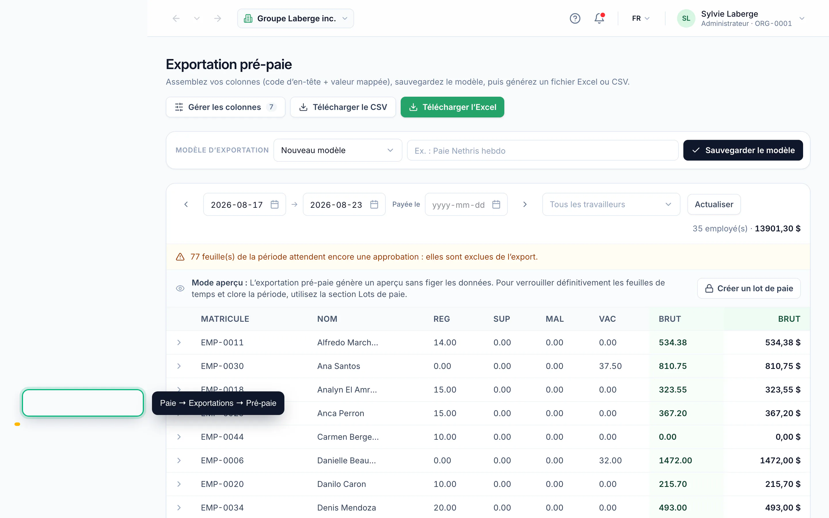 Generating a pre-payroll export · étape 1 : Open the pre-payroll export
