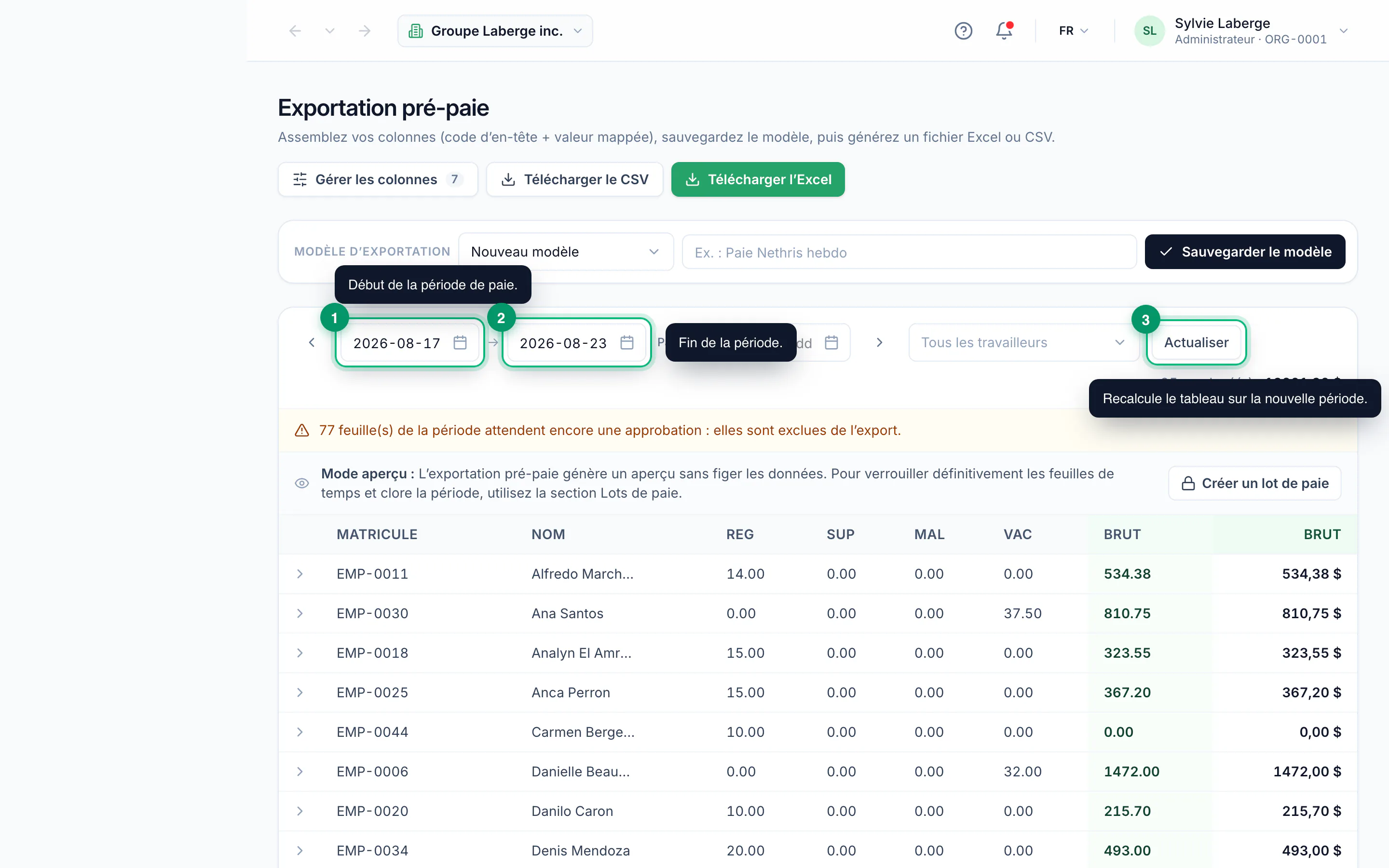 Generating a pre-payroll export · étape 2 : Pick the period