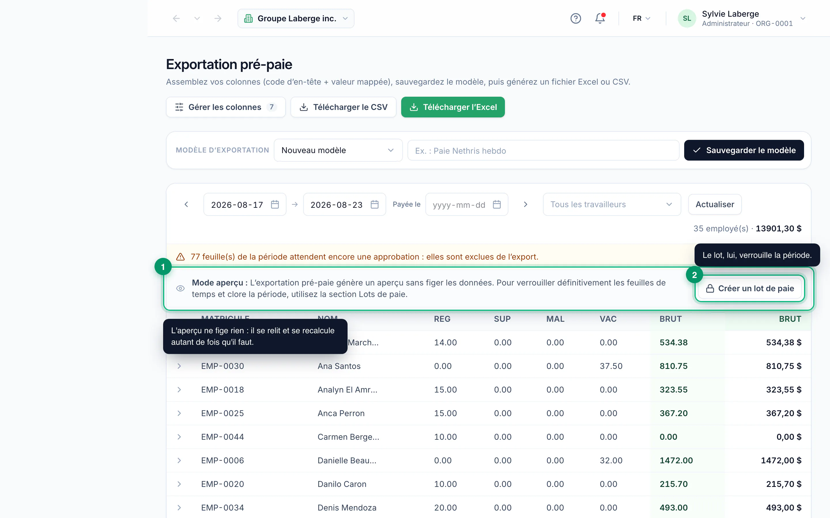 Generating a pre-payroll export · étape 3 : Understand what a preview does not do