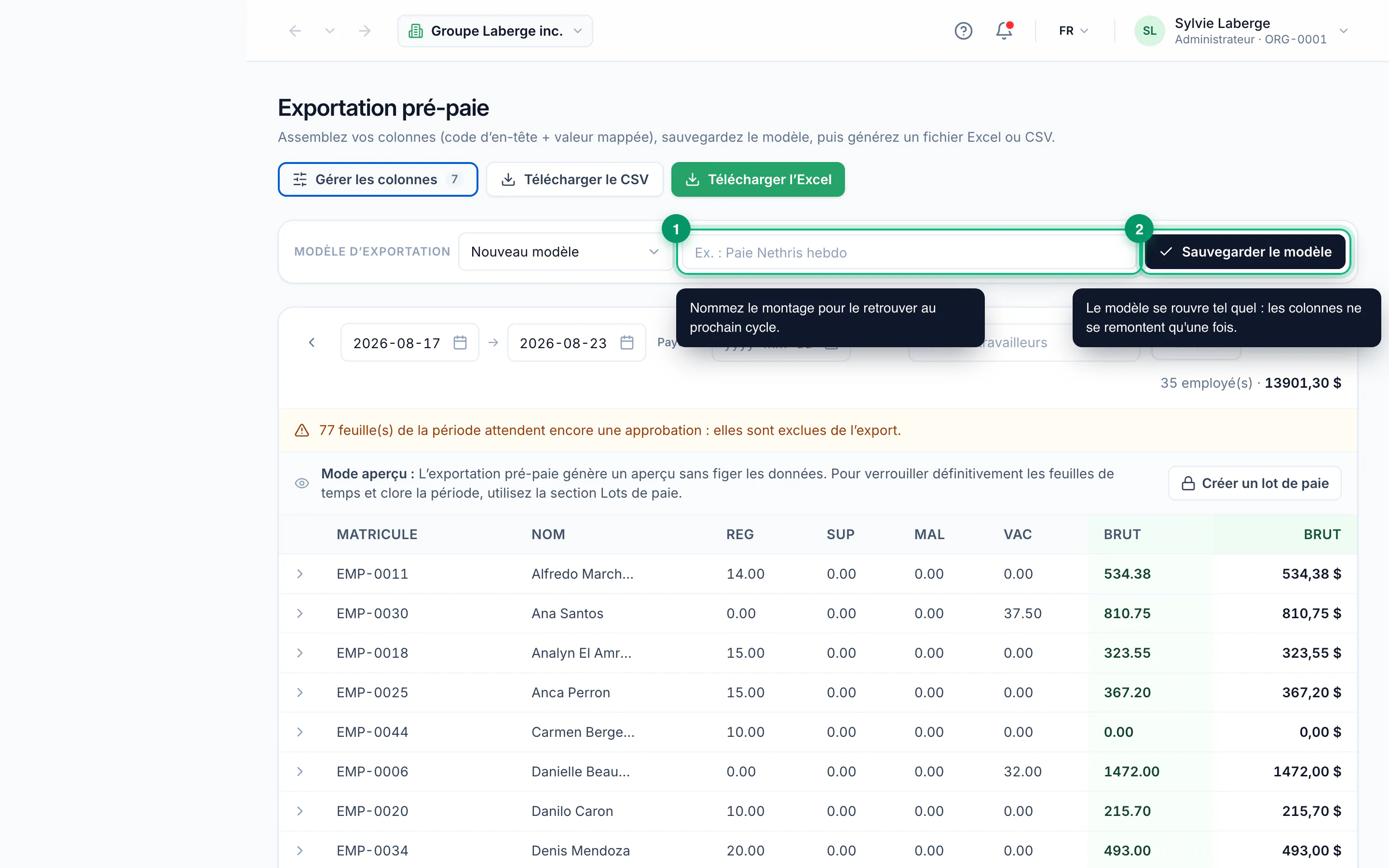 Generating a pre-payroll export · étape 5 : Save the layout as a template
