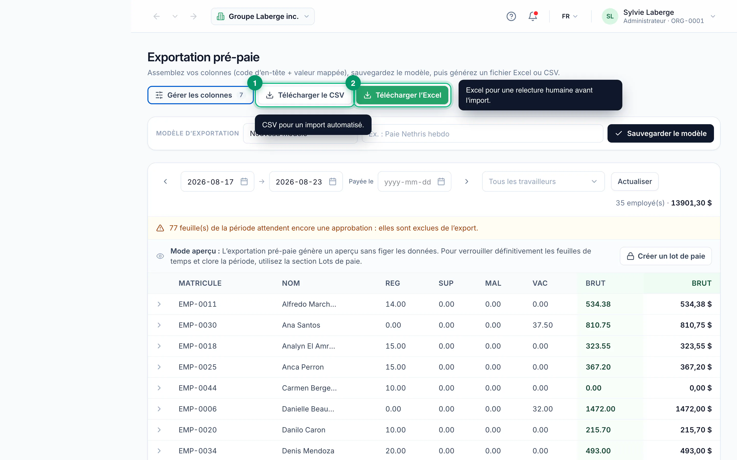 Generating a pre-payroll export · étape 6 : Download the file