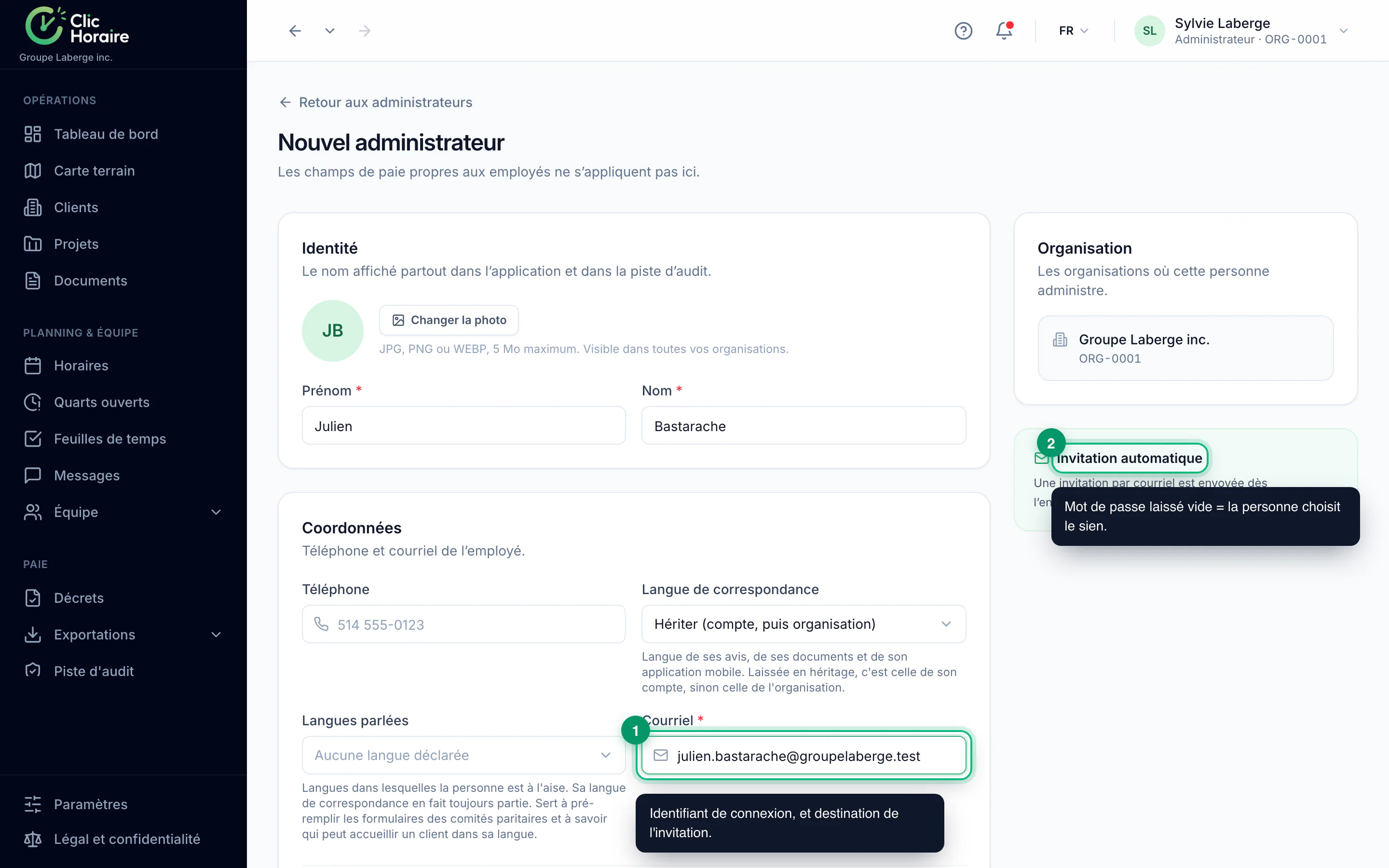 Invitar a un administrador y ajustar sus permisos · étape 2 : Identidad e invitación