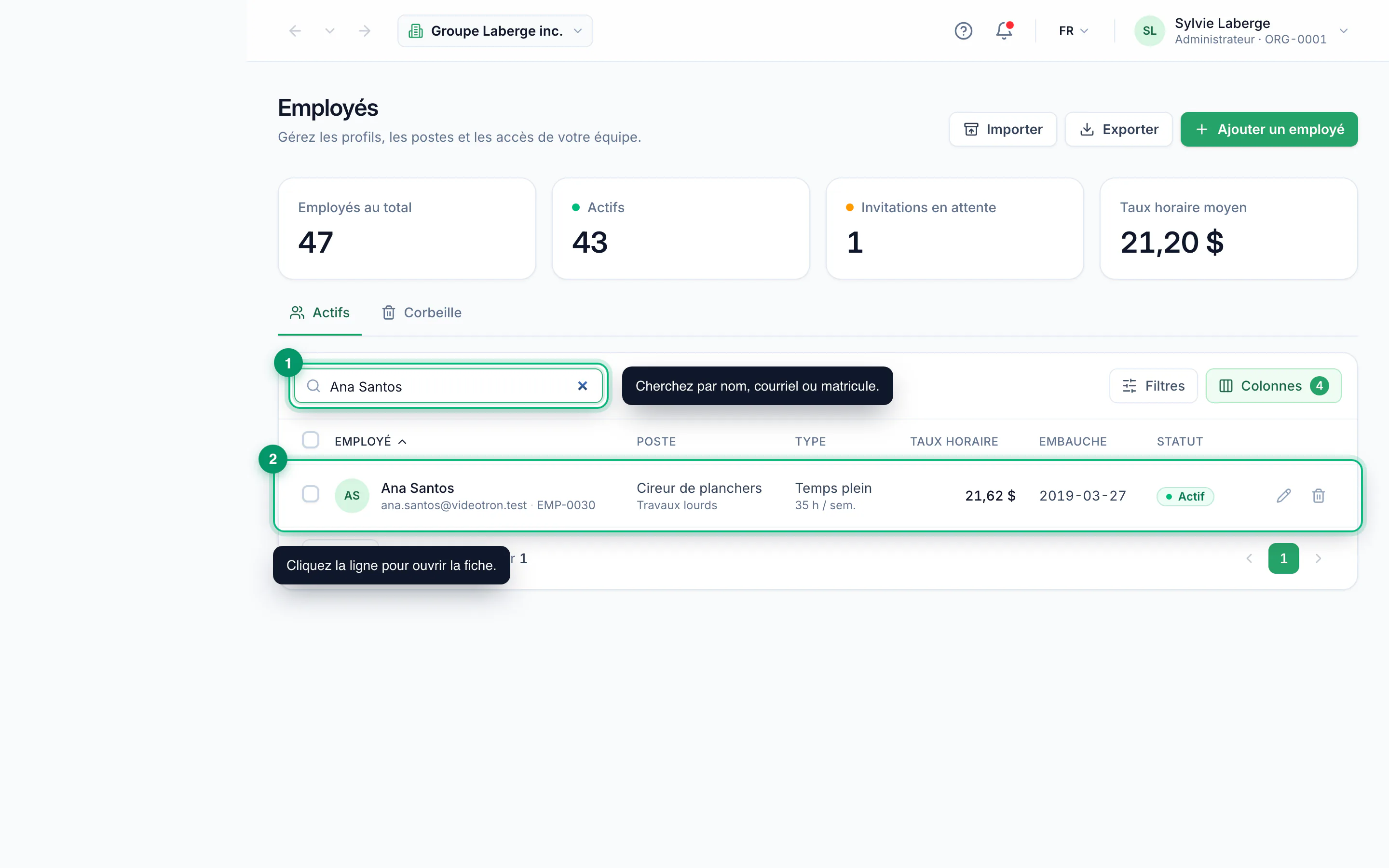 Modifier le taux horaire d'un employé · étape 2 : Retrouver la personne