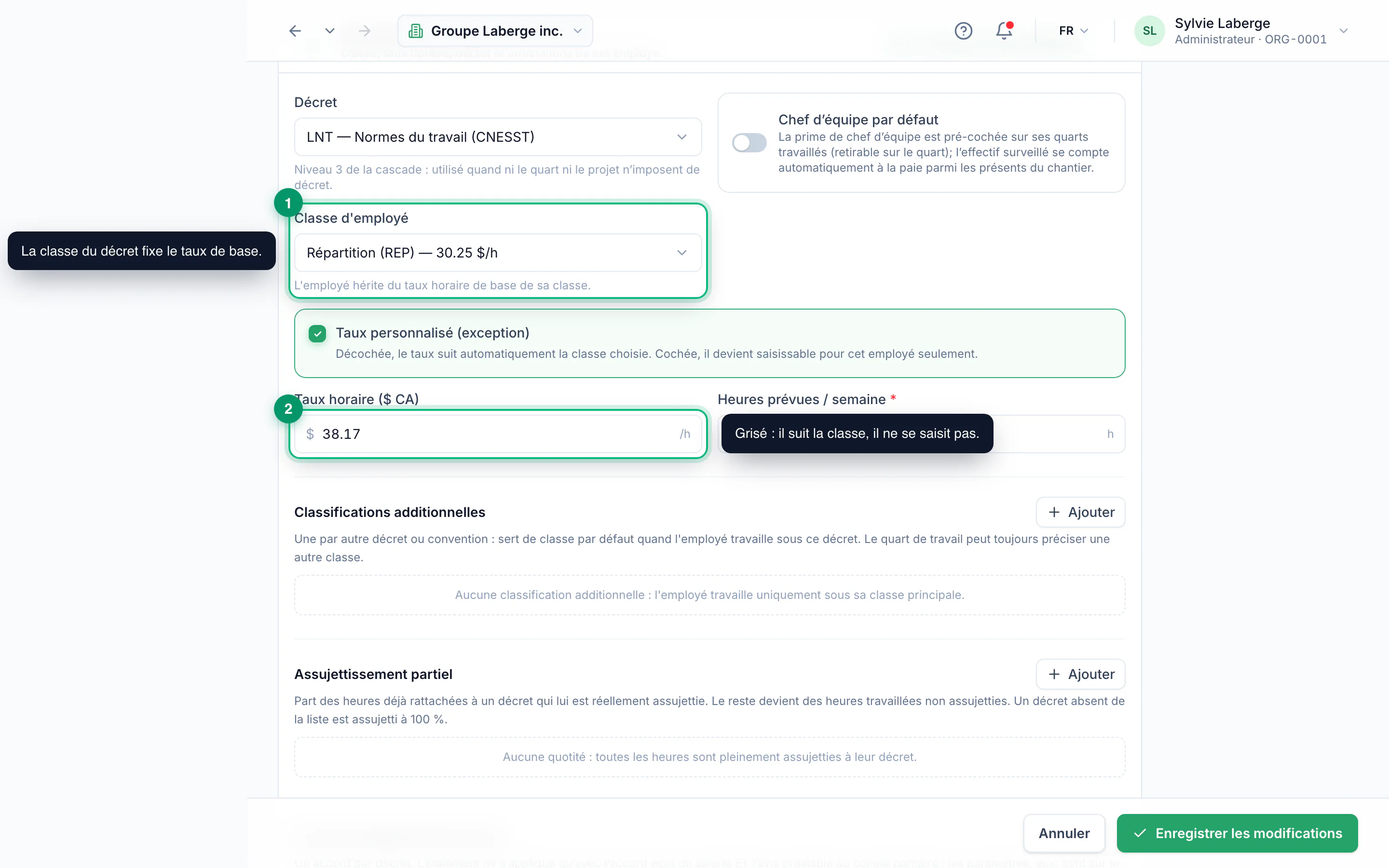 Modifier le taux horaire d'un employé · étape 4 : Comprendre d'où vient le taux affiché