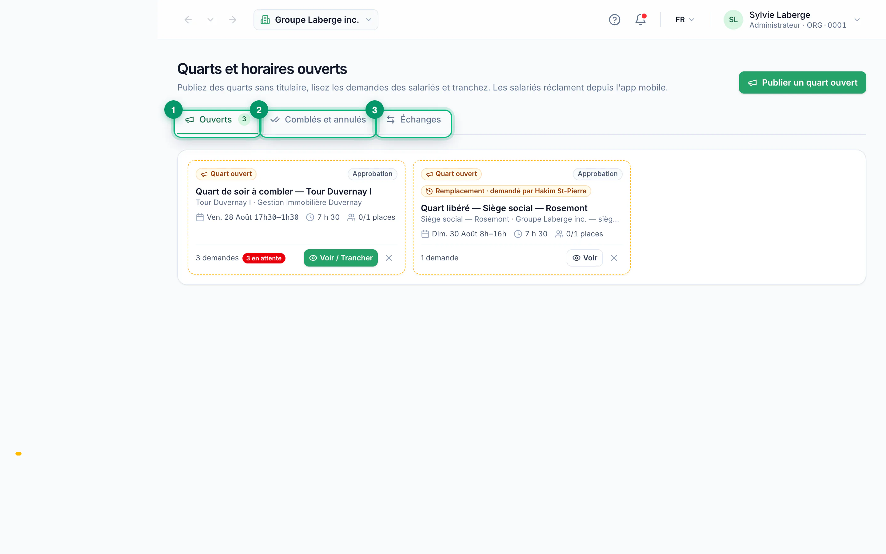 Publishing an open shift · étape 1 : Open the open shifts