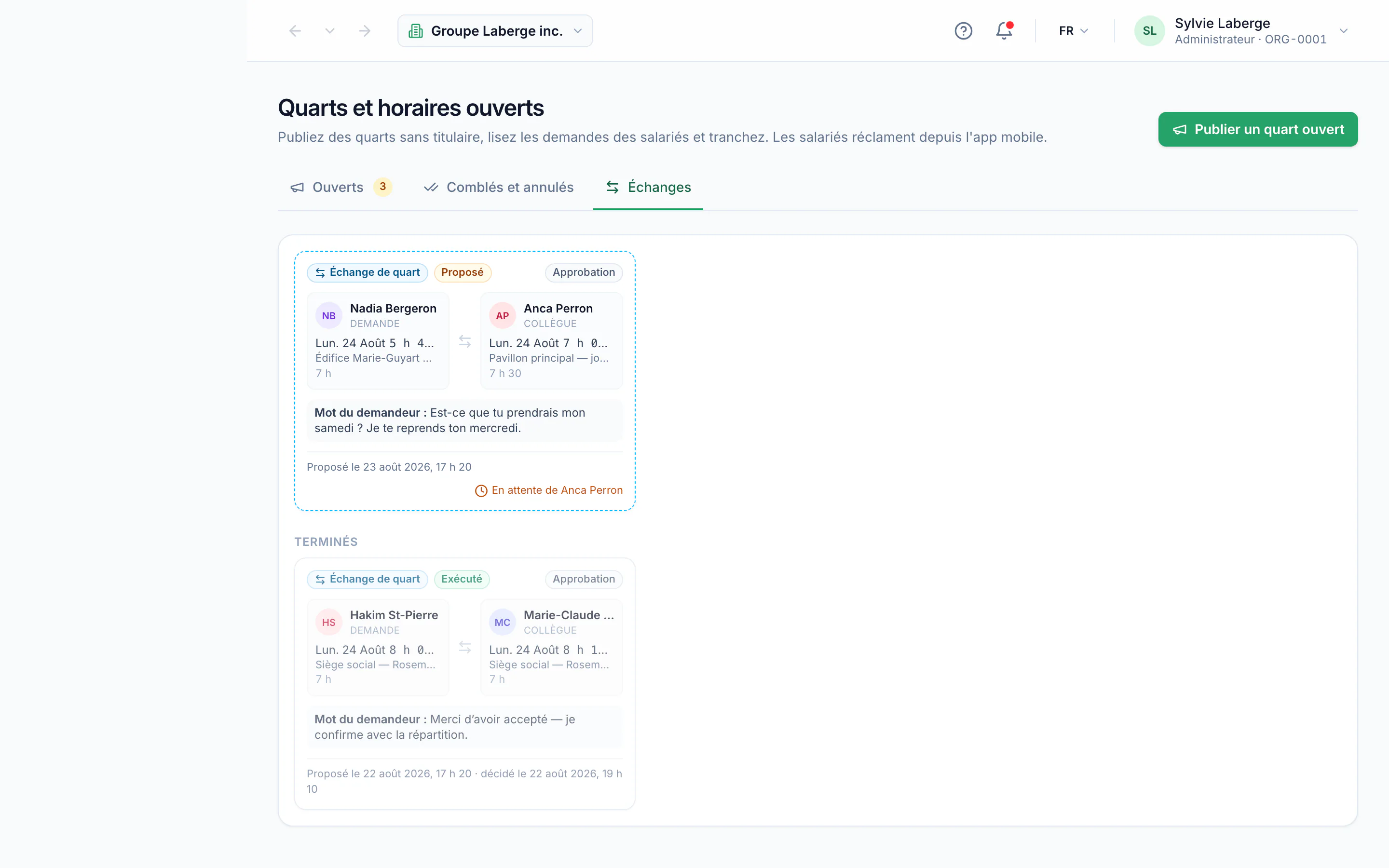 Publishing an open shift · étape 10 : Swaps between colleagues