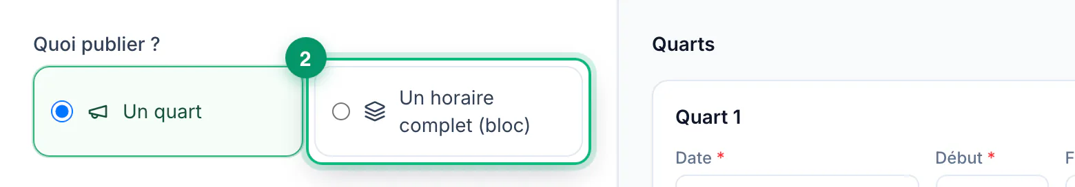 Publishing an open shift · étape 2 : Choose a shift or a block
