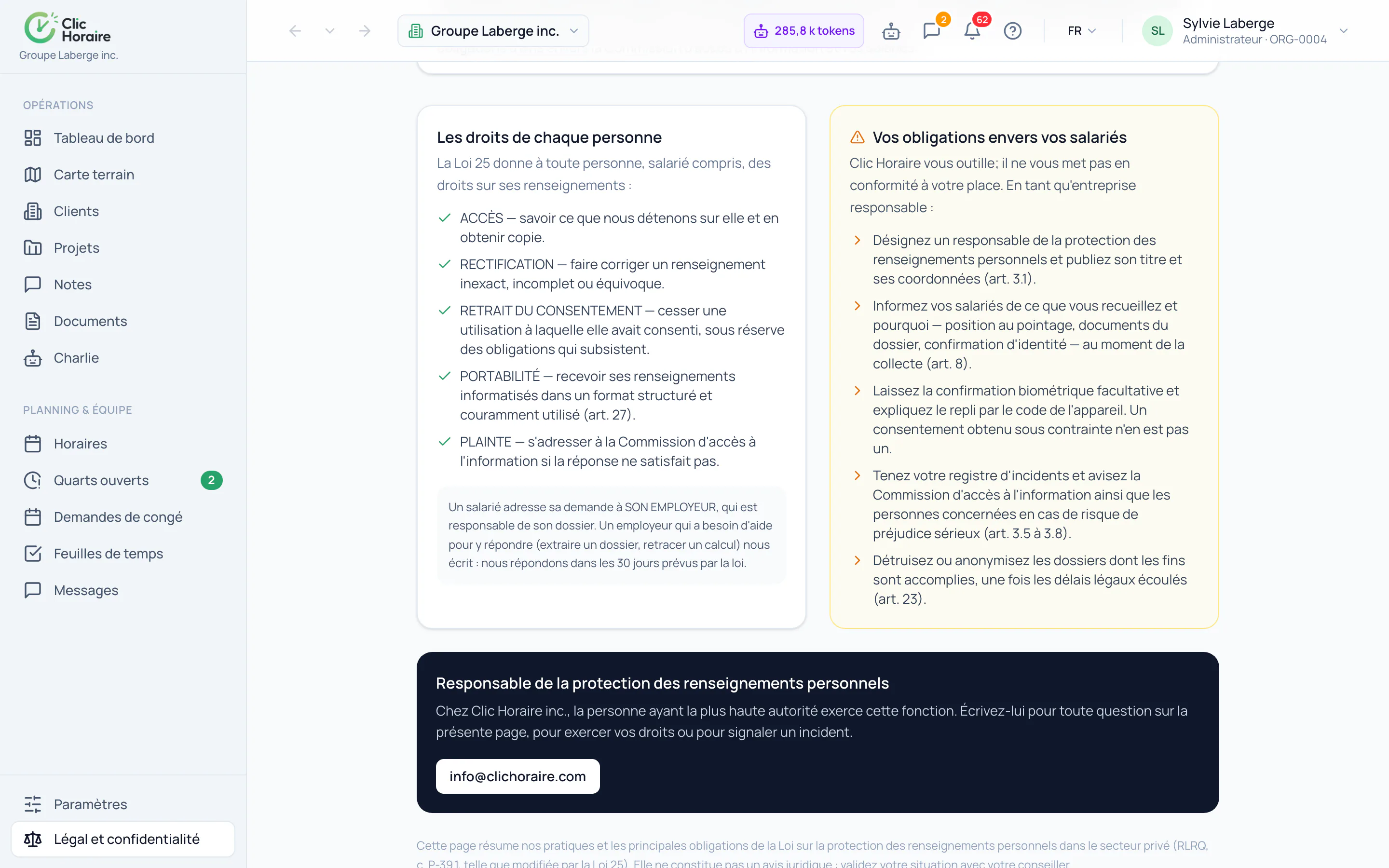 Qué hace Clic Horaire con sus datos · Lo que queda a su cargo
