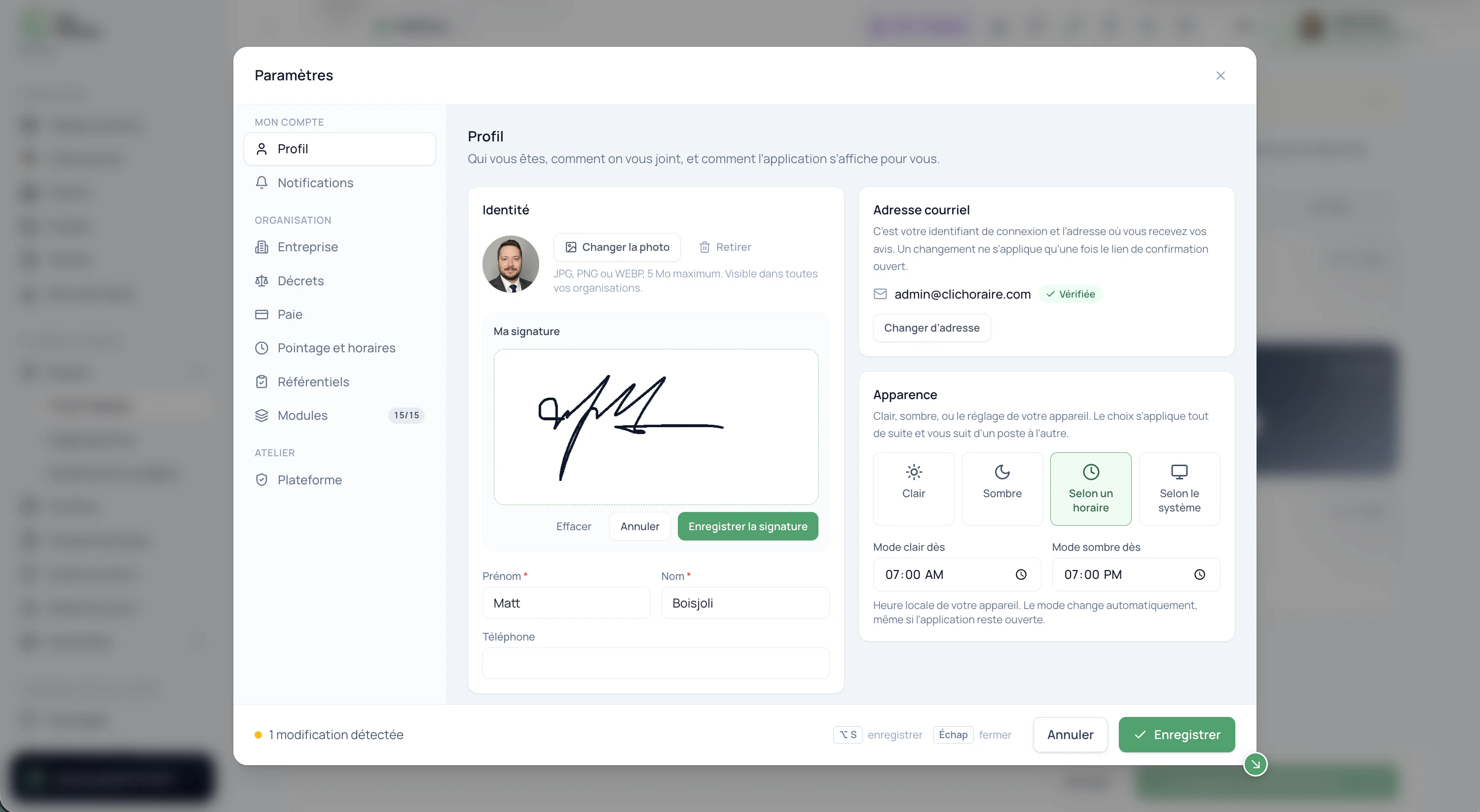 Clic Horaire profile settings: drawing and saving a signature.