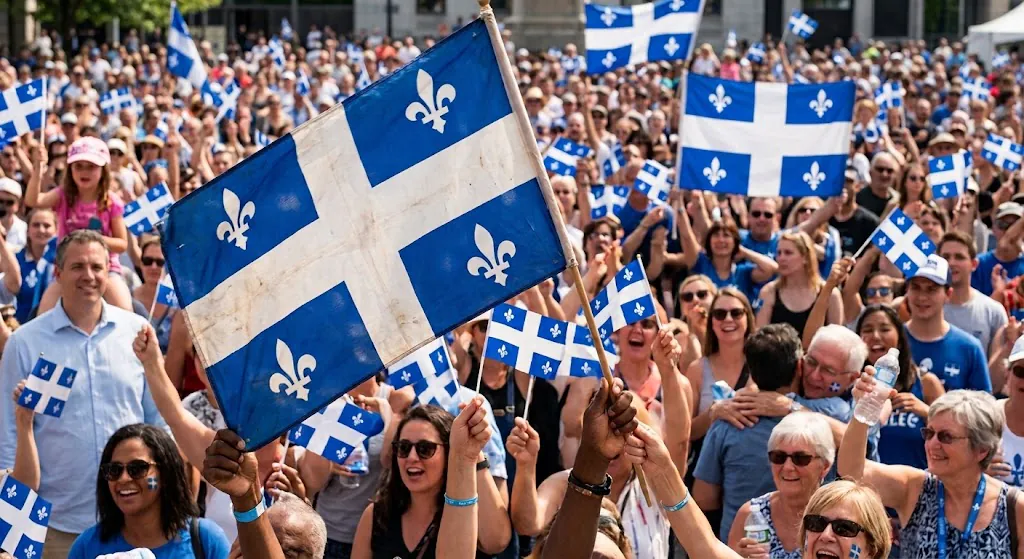 Une foule agite des drapeaux du Québec lors d'un rassemblement de la Fête nationale.