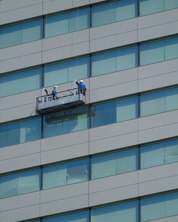 Dos limpiadores de ventanas trabajando en una plataforma suspendida sobre una torre de oficinas.