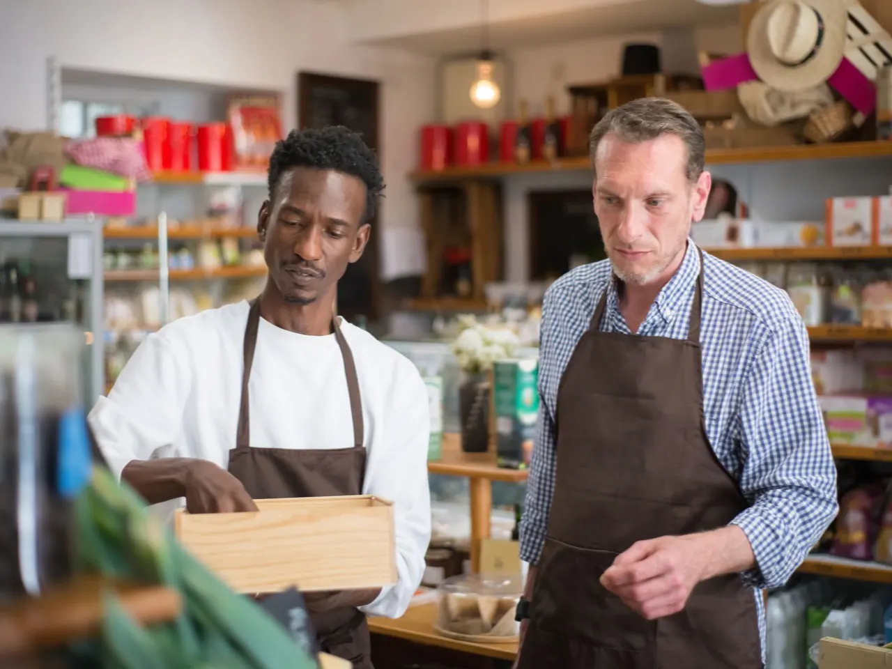 Deux employés d'une épicerie de quartier, en tablier, préparant les étalages en début de quart.